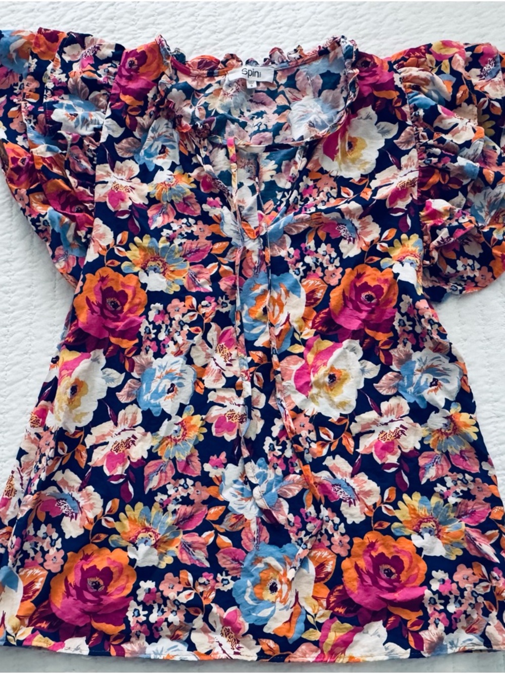 Spini Floral Ruffle Sleeve Blouse - Navy with Multicolor Flowers
